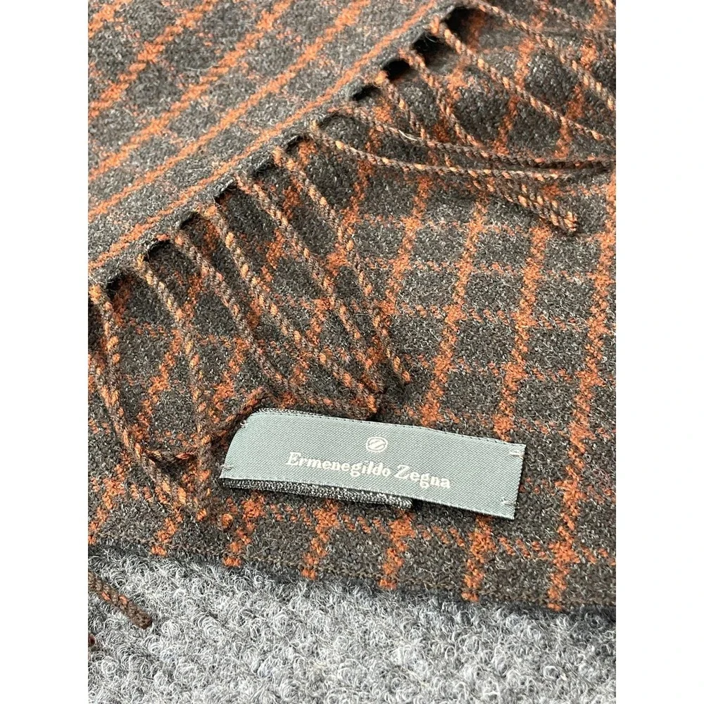 Ermenegildo Zegna Mens Scarf Grey Orange Micro Check Plaid Fringed Italy Luxury